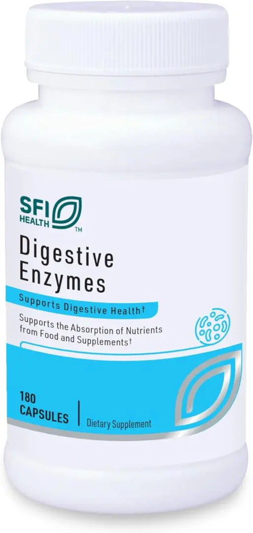 A bottle of Klaire Labs Digestive Enzymes - Powerful Microbial-Based Amylase, Protease, Lactase, Lipase & Cellulase Enzyme Blend for Gas & Bloating.