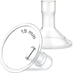 Maymom MyFit 19 mm Small Shields and a glass Maymom MyFit 19 mm Small Shields on a white background.