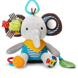 A Skip Hop Bandana Buddies Baby Activity and Teething Toy with Multi-Sensory Rattle and Textures with a toy attached to it.