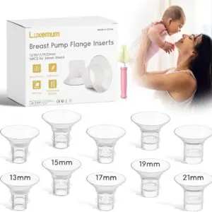 Breast pump flange inserts in various sizes.