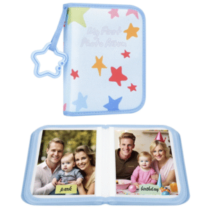 Baby photo album with family pictures.