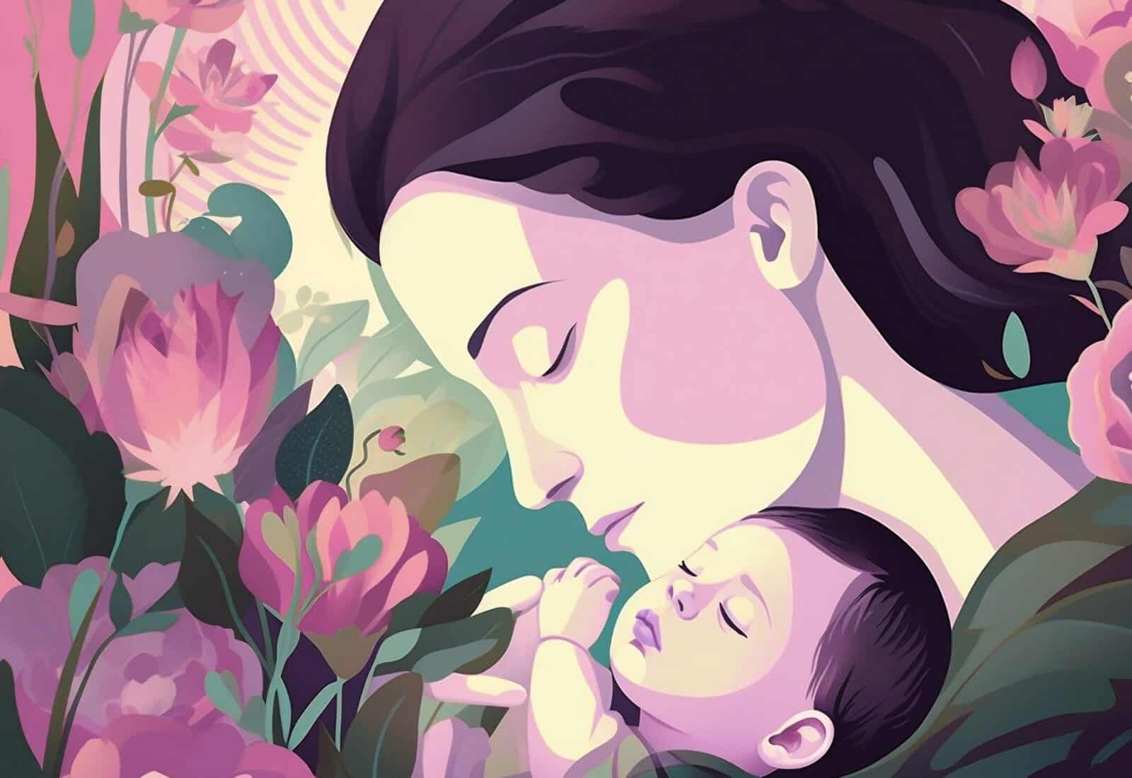 An illustrated mother gently holding her sleeping newborn, surrounded by pink flowers.