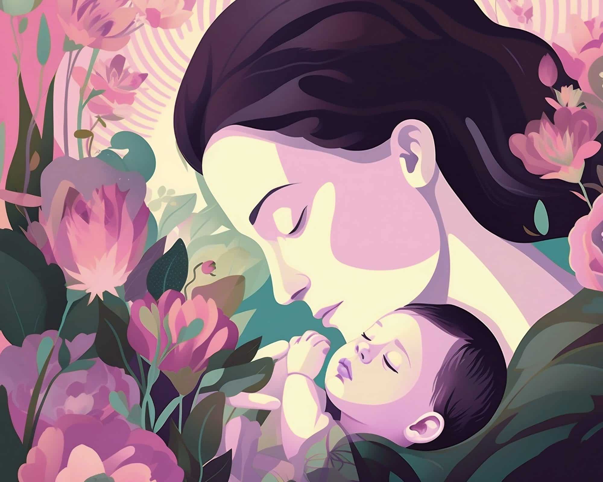An illustrated mother gently holding her sleeping newborn, surrounded by pink flowers.