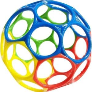 Bright Starts Oball Easy Grasp Classic Ball BPA-Free Infant Toy: A colorful plastic ball with holes in it.