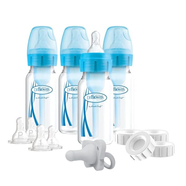 A Dr. Brown's Natural Flow Anti-Colic Options+ Narrow Breast to Bottle Pump & Store Feeding Set with Slow Flow Nipples and a pacifier.