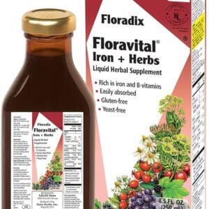 A bottle of Floradix Floravital Iron and Herbs Vegan Liquid Supplement.