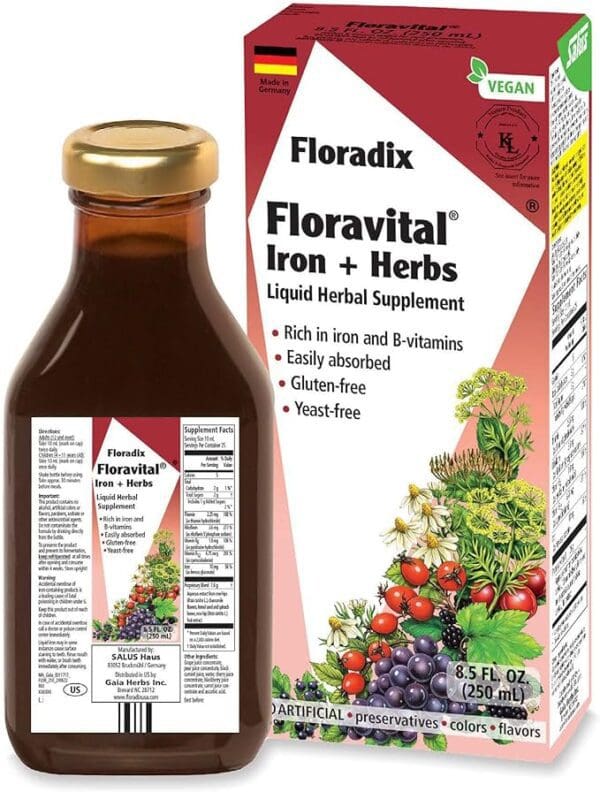 A bottle of Floradix Floravital Iron and Herbs Vegan Liquid Supplement.