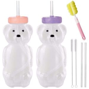 Two Honey Bear Straw Cups with brushes and straws.