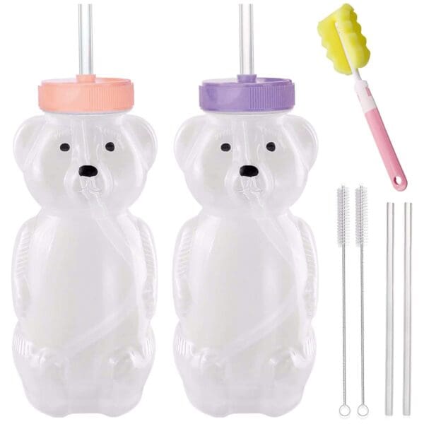 Two Honey Bear Straw Cups with brushes and straws.