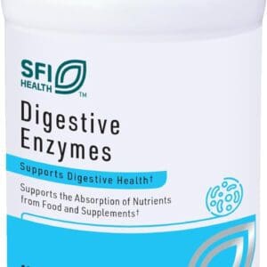 A bottle of Klaire Labs Digestive Enzymes - Powerful Microbial-Based Amylase, Protease, Lactase, Lipase & Cellulase Enzyme Blend for Gas & Bloating.