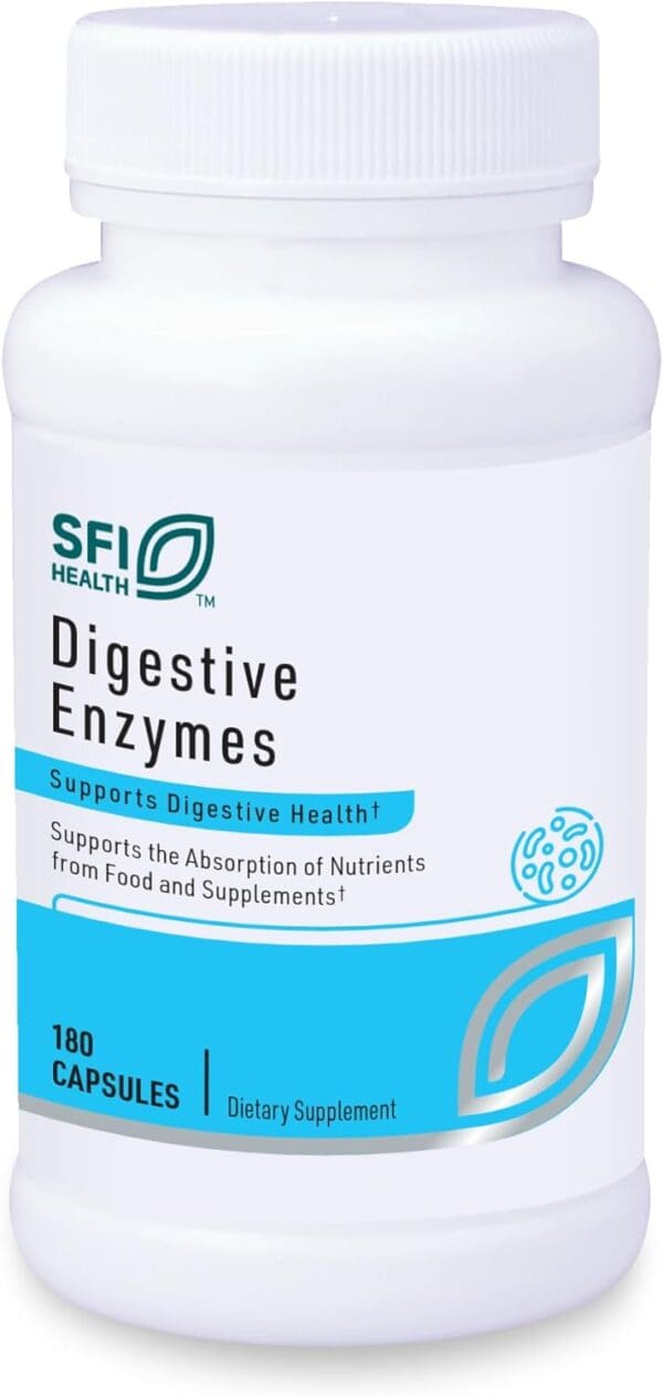 A bottle of Klaire Labs Digestive Enzymes - Powerful Microbial-Based Amylase, Protease, Lactase, Lipase & Cellulase Enzyme Blend for Gas & Bloating.