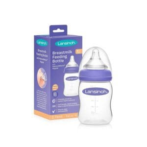 A Lansinoh Momma Breastmilk Feeding Bottle with NaturalWave Slow Flow Nipple with a purple lid in front of a box.