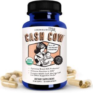 A bottle of Legendairy Milk Cash Cow Lactation Supplement, Moringa, Alfalfa, and Goat's Rue Breastfeeding Supplement for Milk Supply Increase with pills on it.