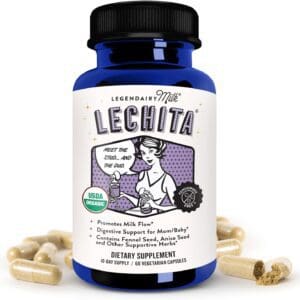 A bottle of Legendairy Milk Lechita, Supports Milk Flow, Organic Fenugreek Free Breastfeeding Supplement, Organic Fennel & Anise.