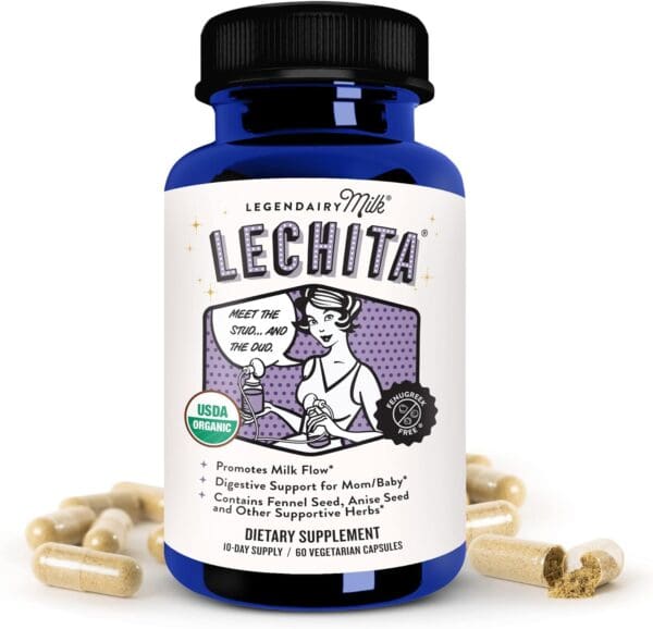 A bottle of Legendairy Milk Lechita, Supports Milk Flow, Organic Fenugreek Free Breastfeeding Supplement, Organic Fennel & Anise.