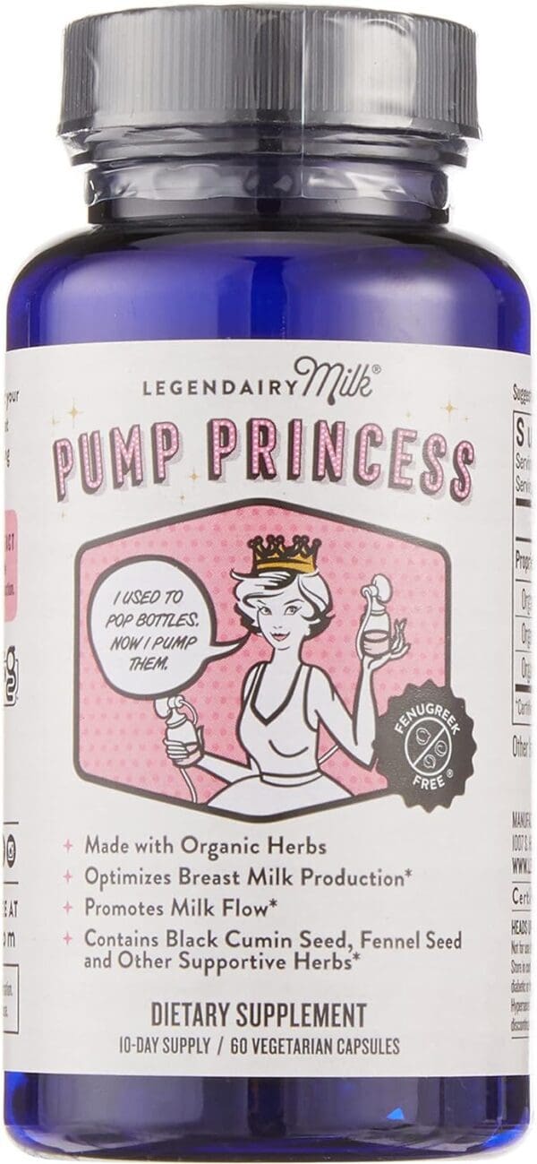 A bottle of Legendairy Milk Organic Pump Princess Lactation Blend, 60 CT.