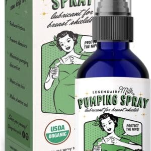A bottle of Legendairy Milk Pumping Spray 4 oz. Helps Sore Nipples & Clogged Ducts in front of a box.