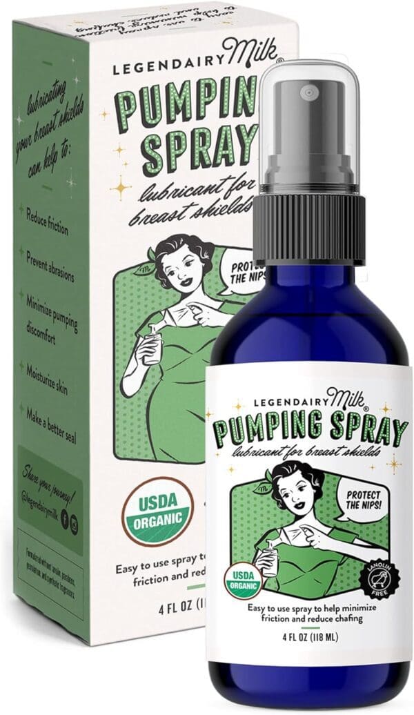 A bottle of Legendairy Milk Pumping Spray 4 oz. Helps Sore Nipples & Clogged Ducts in front of a box.