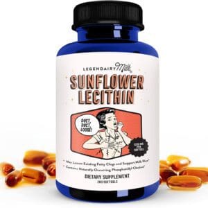 A bottle of Legendairy Milk Sunflower Lecithin, 1200mg Organic Sunflower Lecithin Supplement for Clogged Milk Ducts.