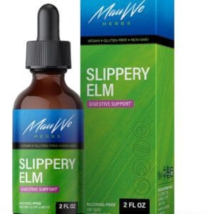 A bottle of MauWe Herbs Slippery Elm Bark Liquid Drops with a box.
