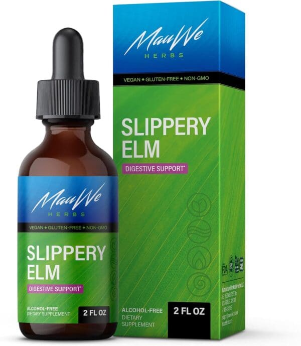 A bottle of MauWe Herbs Slippery Elm Bark Liquid Drops with a box.