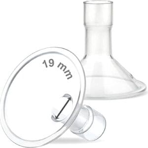 Maymom MyFit 19 mm Small Shields and a glass Maymom MyFit 19 mm Small Shields on a white background.