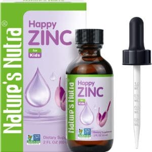 A bottle of Nature's Nutra Happy Zinc, Premium Liquid Zinc for Baby, Infant, Kids and Children with a box next to it.
