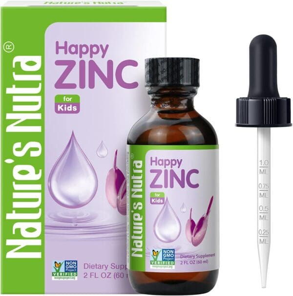 A bottle of Nature's Nutra Happy Zinc, Premium Liquid Zinc for Baby, Infant, Kids and Children with a box next to it.