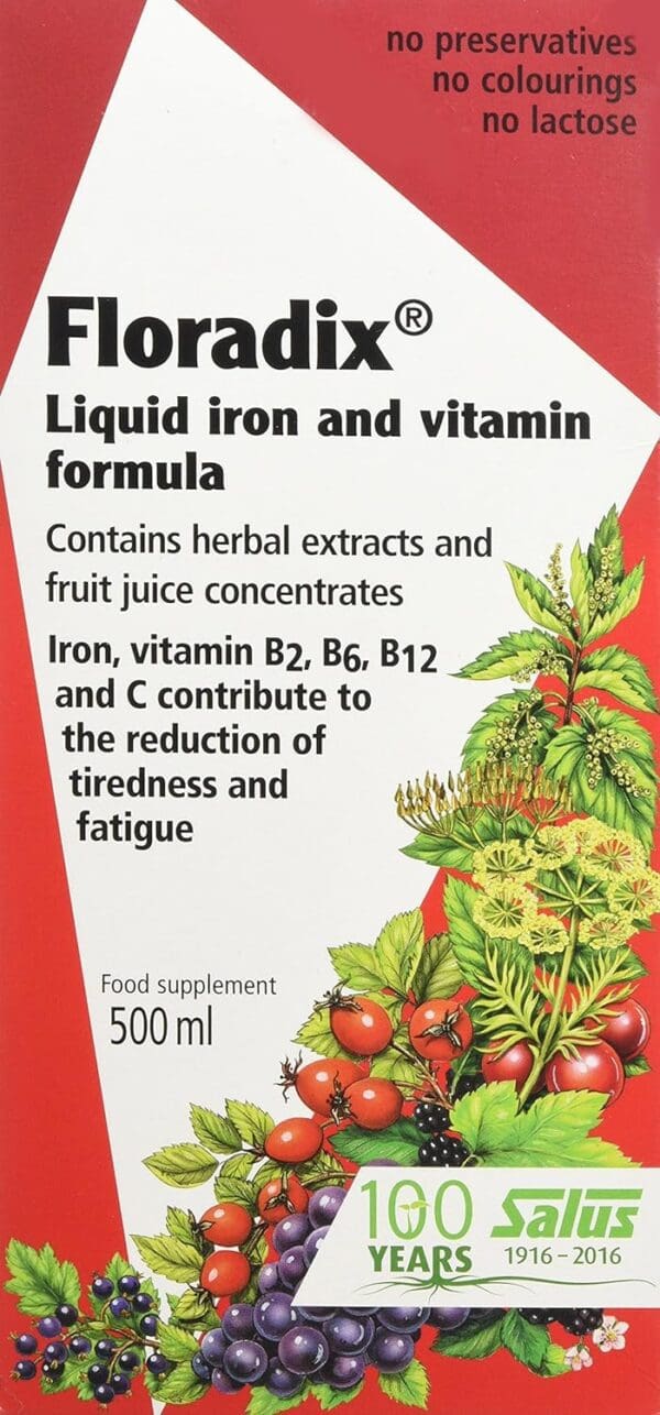 A bottle of Salus Floradix Liquid Iron Formula 500Ml.