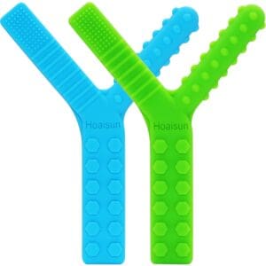 Two green and blue Sensory Chew Toys for Autistic Children on a white background.