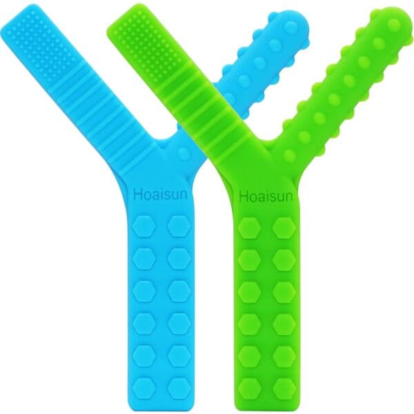 Two green and blue Sensory Chew Toys for Autistic Children on a white background.