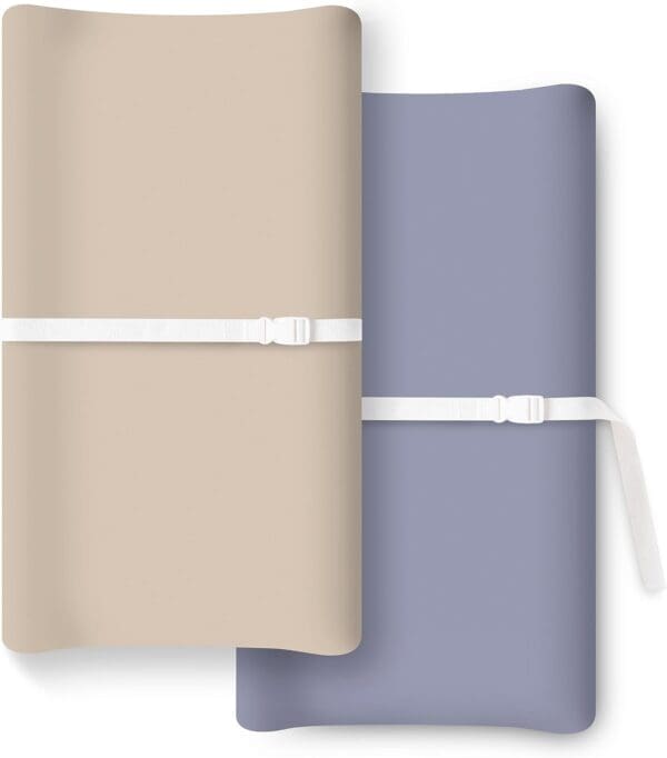 A blue and beige TotBasic Changing Pad Cover with a strap on it.