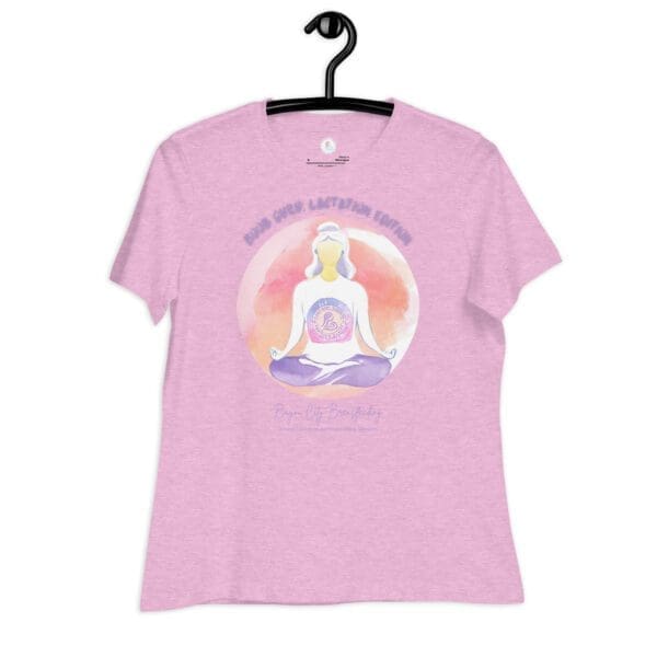 A Women's Relaxed T-Shirt with an image of a woman in a lotus position.