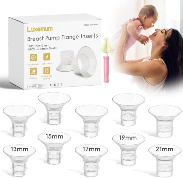 Breast pump flange inserts in various sizes.