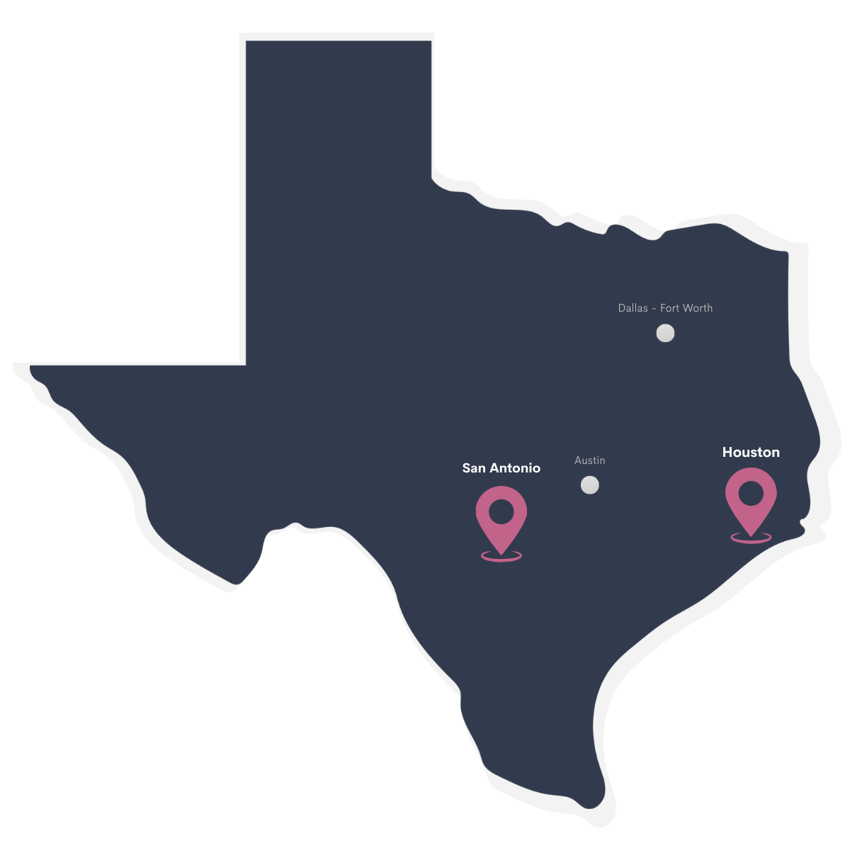 Map of Texas showing our two pinned office regions: Houston on the southeast coast and San Antonio in south-central Texas.