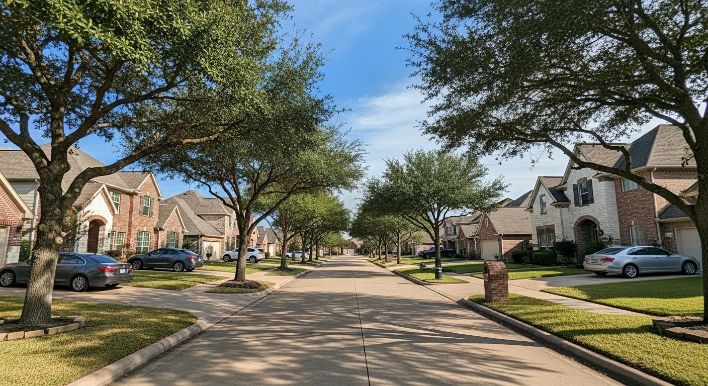 A tree-lined suburban residential street with brick homes in the Cypress and Cy-Fair area.