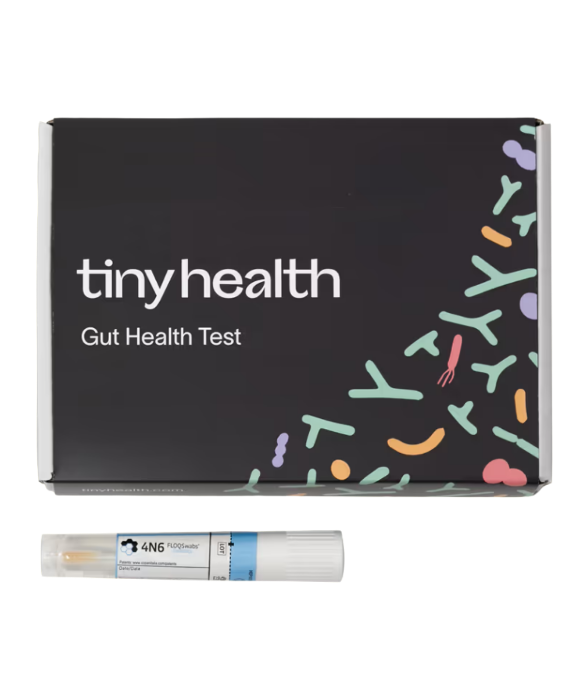 A Tiny Health Gut Health Test kit, the at-home microbiome collection box with a single collection swab in front of it