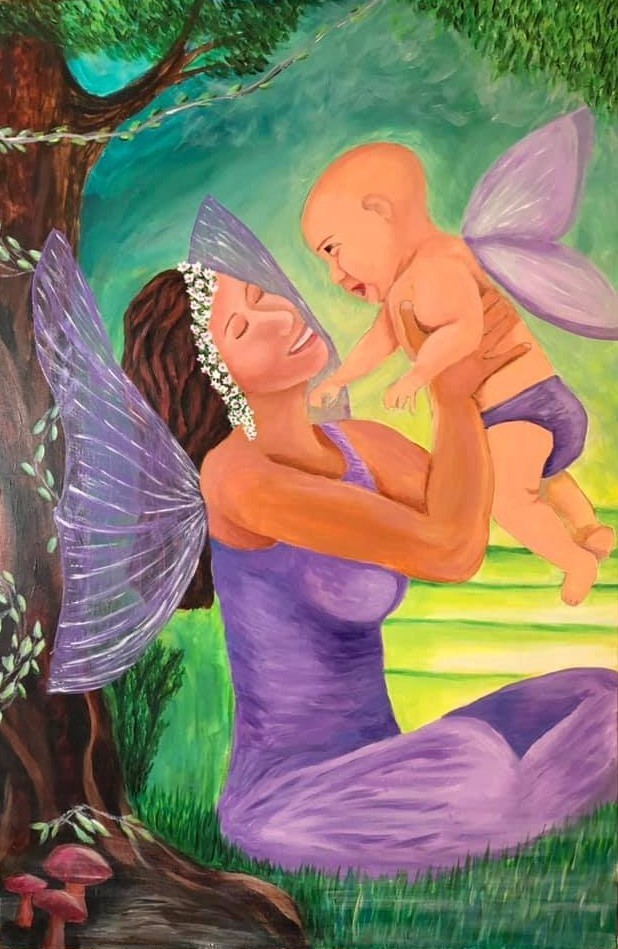 Mother and Child Collection 21 Fairy Mother: a winged fairy holding her baby aloft beneath a tree, by Suzanne Juel