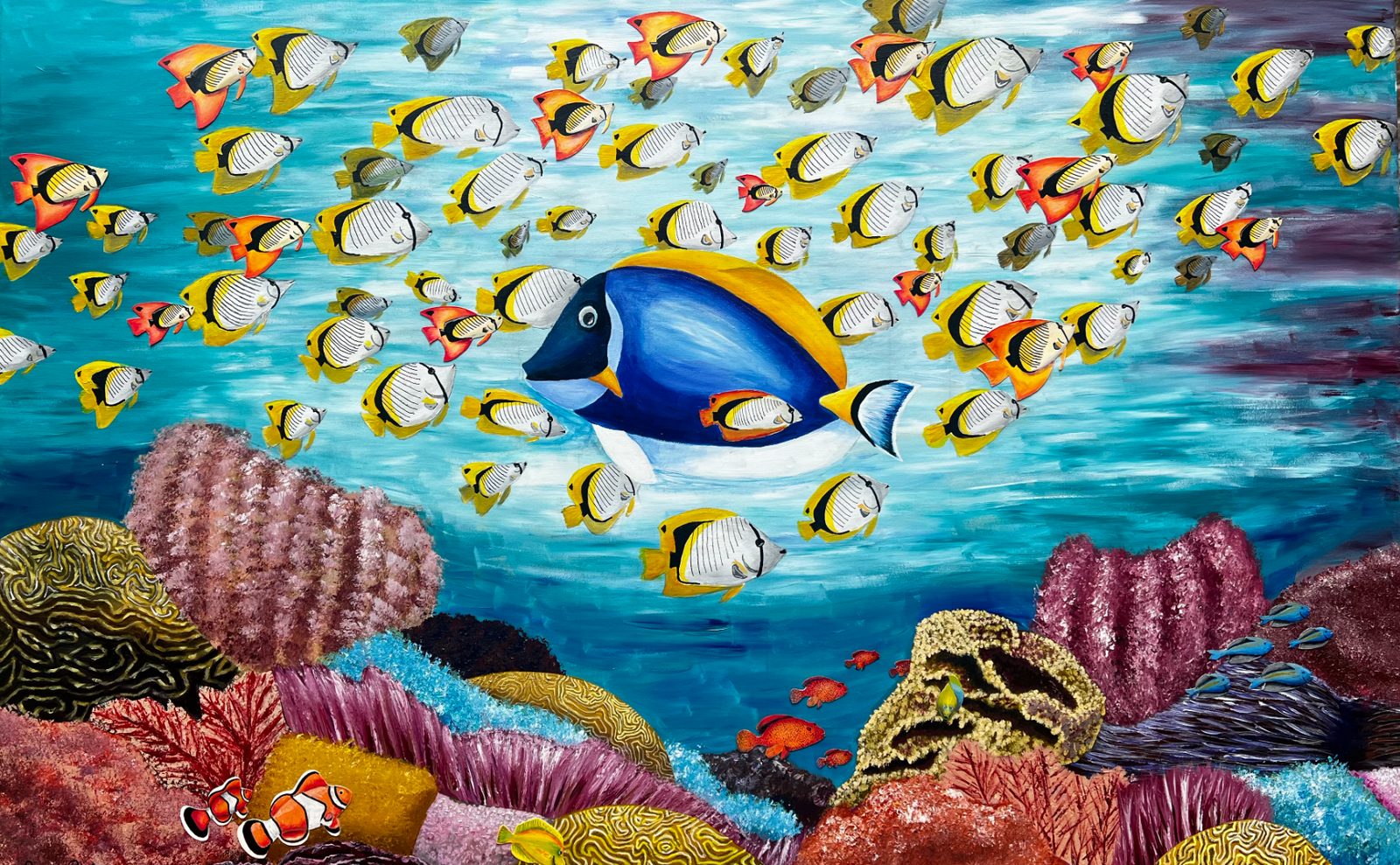 Reef School: a school of fish swimming on a reef, by Suzanne Juel