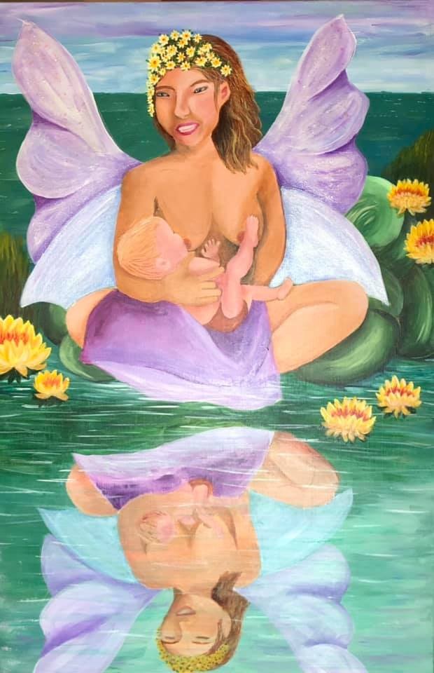Mother and Child Collection 19 Reflection: a fairy mother nursing on a lily pad, mirrored in the water below, by Suzanne Juel