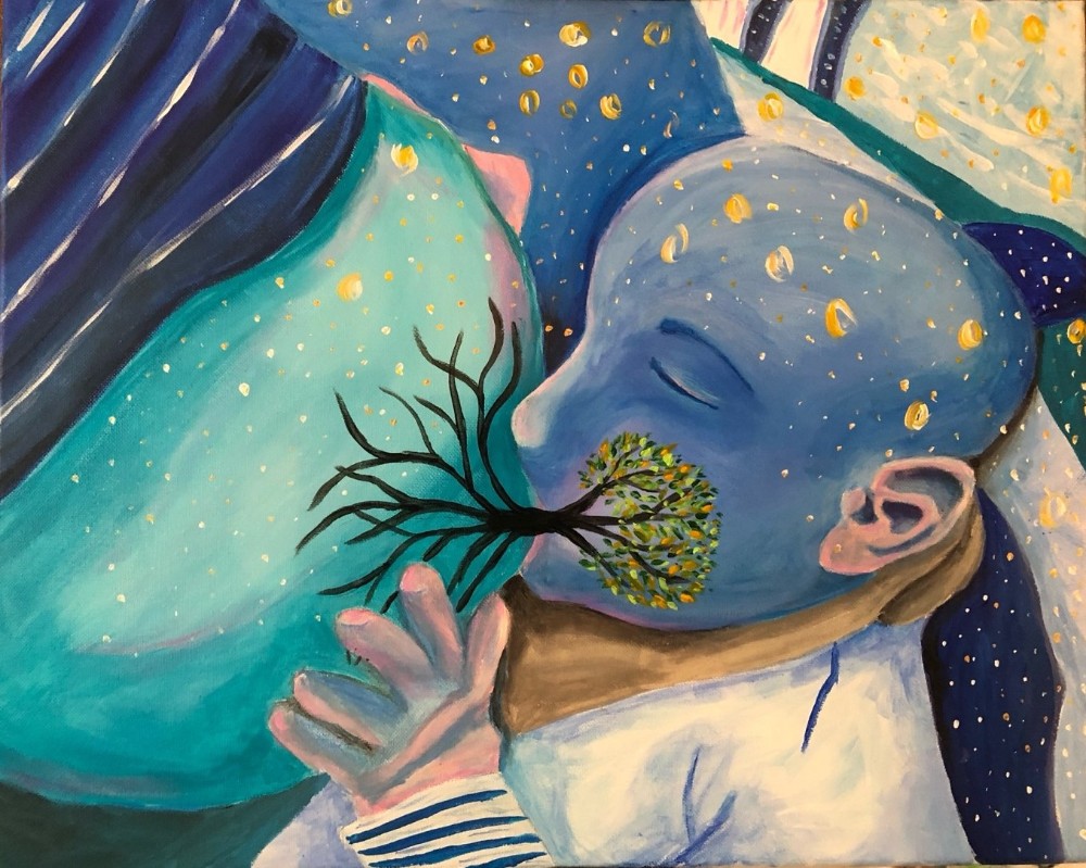 Mother and Child Collection 13 Tree of Life: Stardust, sleeping mother breathing a tree of life into her baby, set against the cosmos