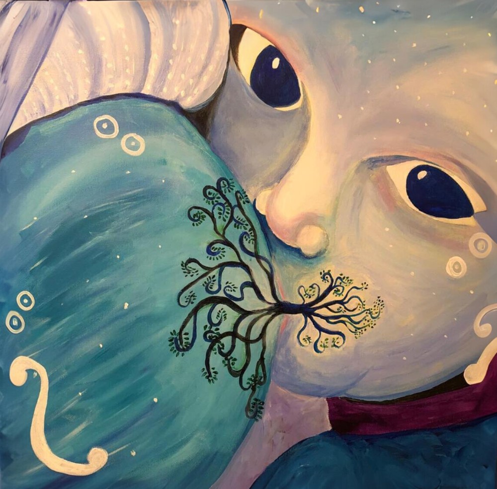 Tree of Life: Tiny Universe, two figures pressed together, by Suzanne Juel