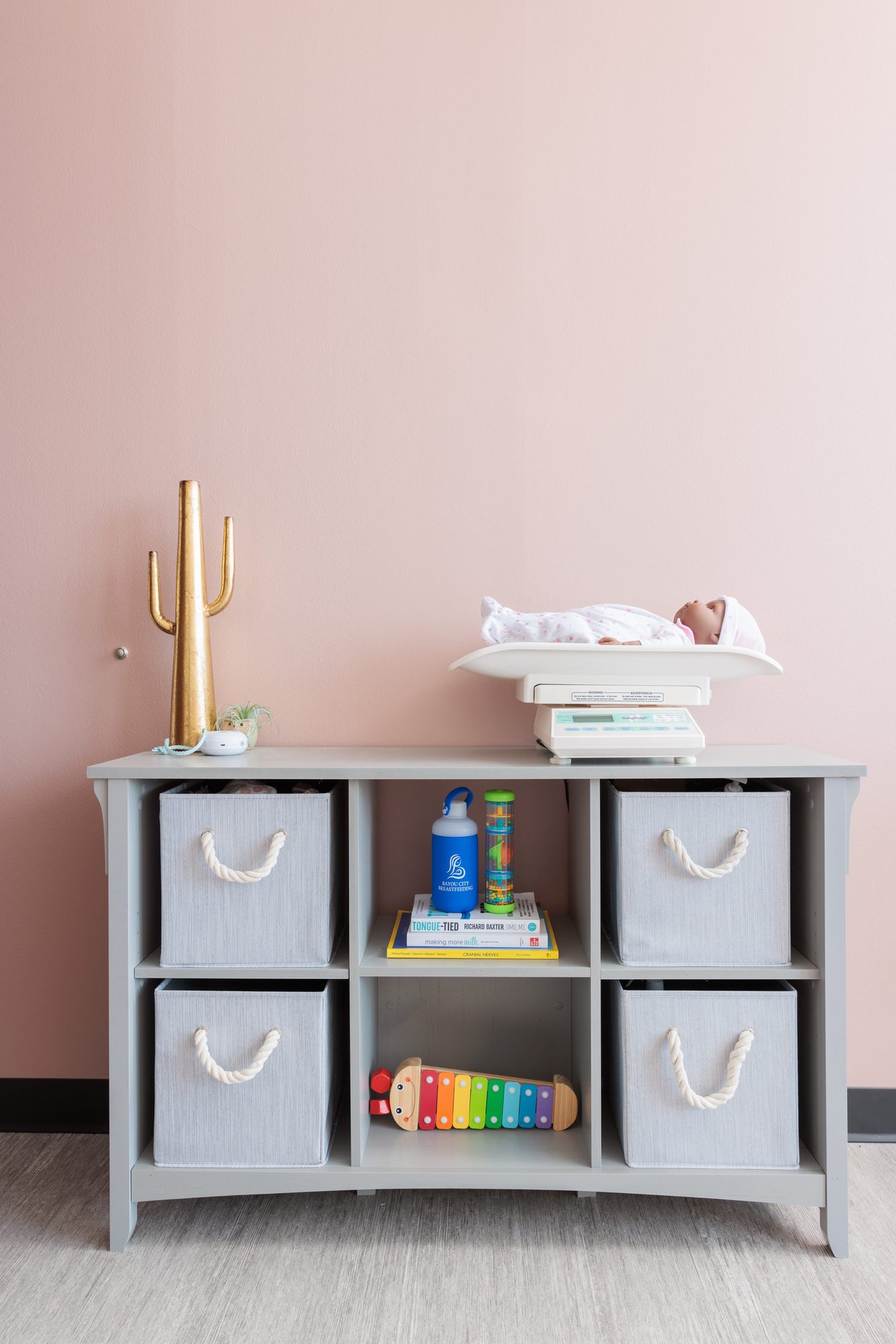 An infant scale on a cube shelf stocked with lactation reference books and a Bayou City Breastfeeding water bottle
